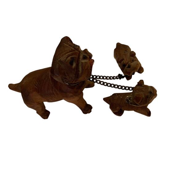 Vtg 40s 50s Chained Bulldog Figurines Wood Carved Knick Knacks Mini Mama Puppies - Picture 8 of 10